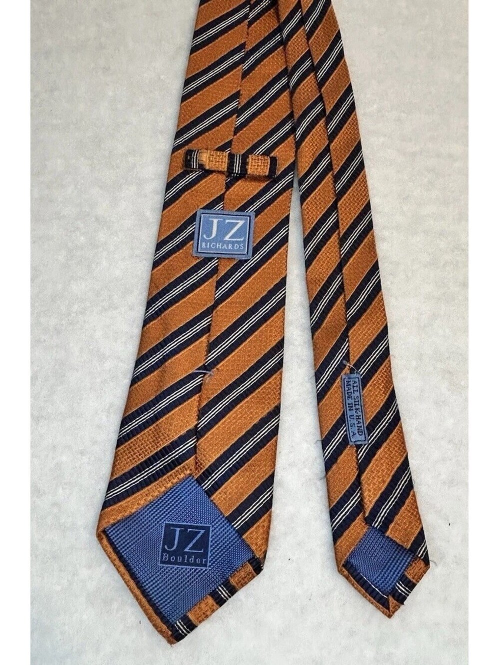 JZ Richards Men's Woven Silk Striped Tie Orange Navy White Classic Logo